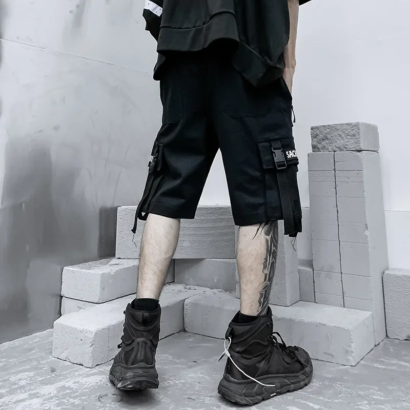 Summer Shorts Cargo Pants Men Joggers Black Stylish Pocket Ribbons Japanese Fashion Streetwear Hip Hop Shorts Male Casual Pants