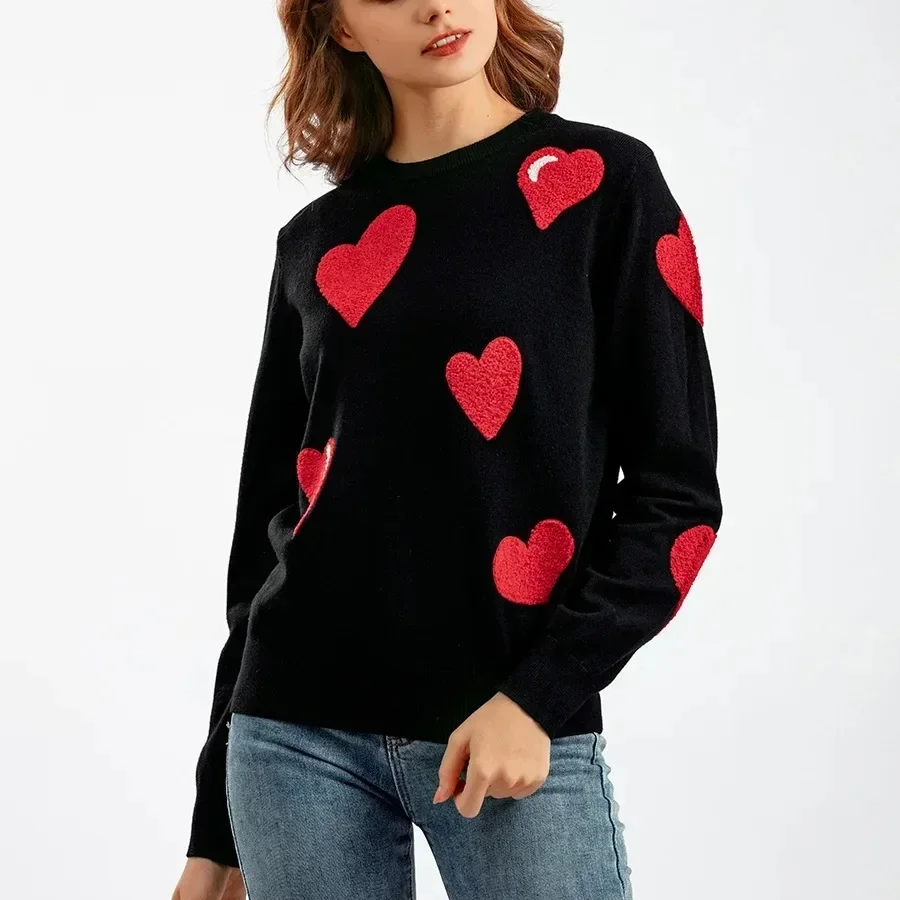 Women's Sweaters Pullovers long sleeve Jumper Cute Love Heart Flocking Kawaii Knitwears Korea Fashion Y2k Clothes sueter mujer