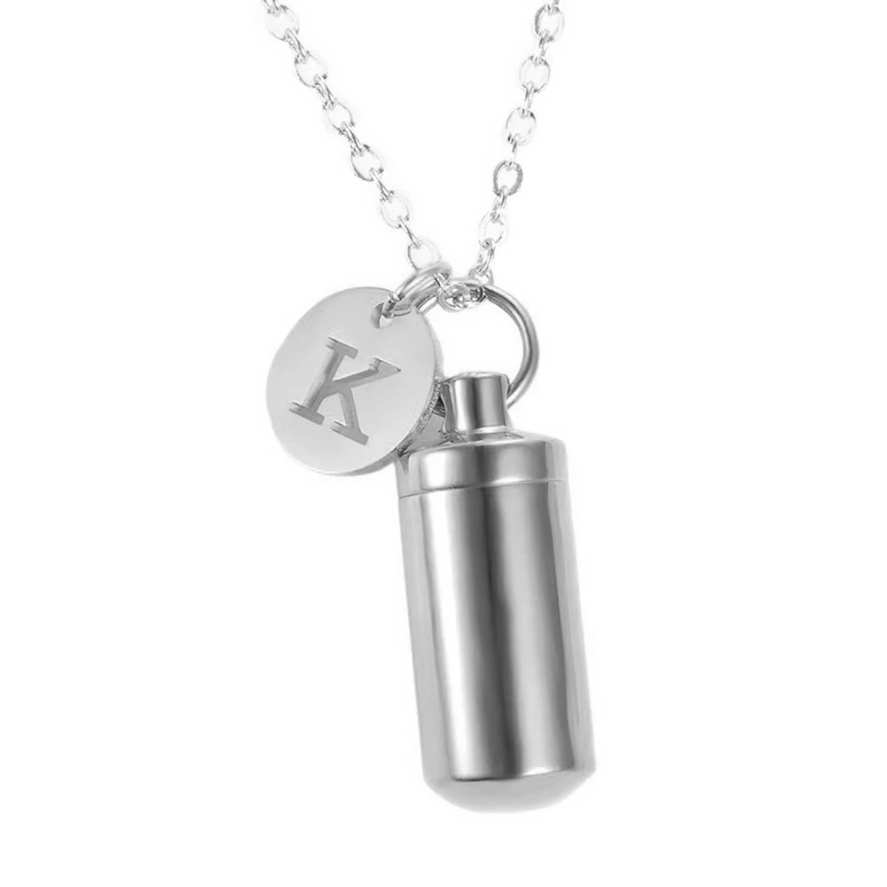 Stainless Steel Cylinder with Letter Charm Cremation Necklace for Ashes Holder Bottle Urn Jewelry Memorial Pendant Keepsake