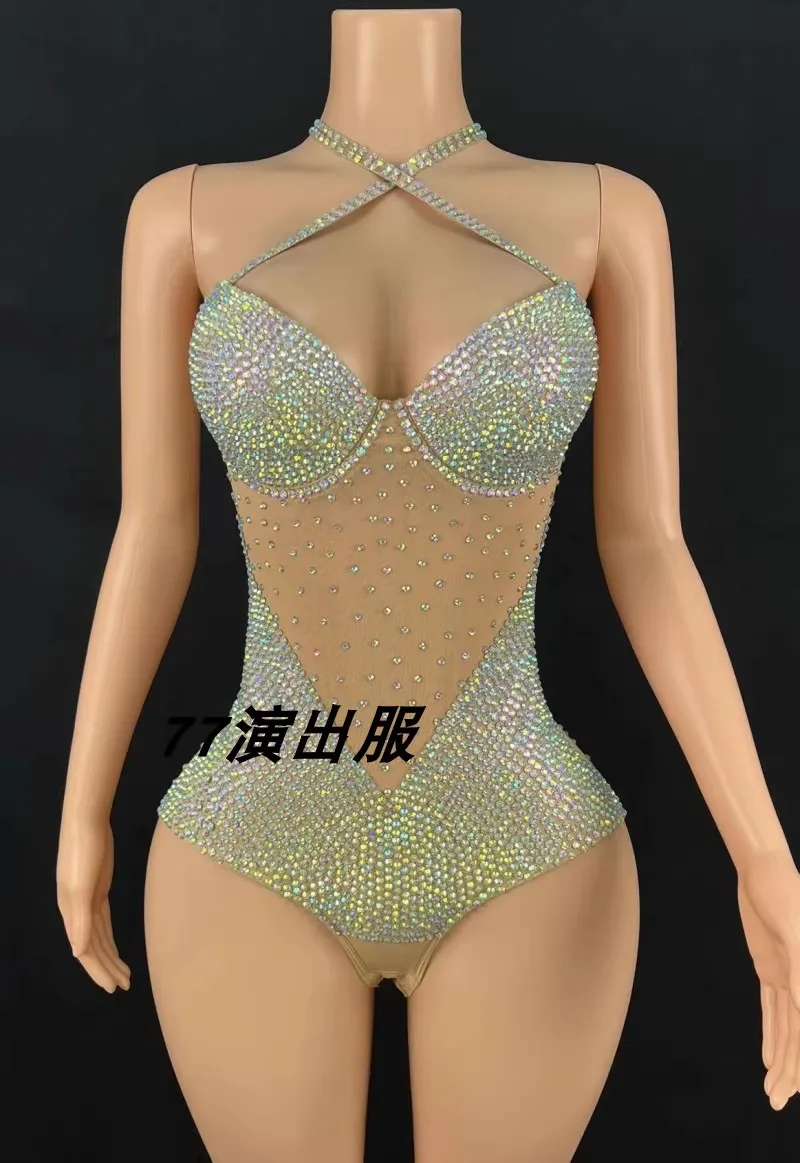 

Luxuriy Full Diamond Illusion Color Skin Sparkling Sexy Bodysuit Bar Party Singer Dance Troupe Show Costume Nightclub Stage Wear