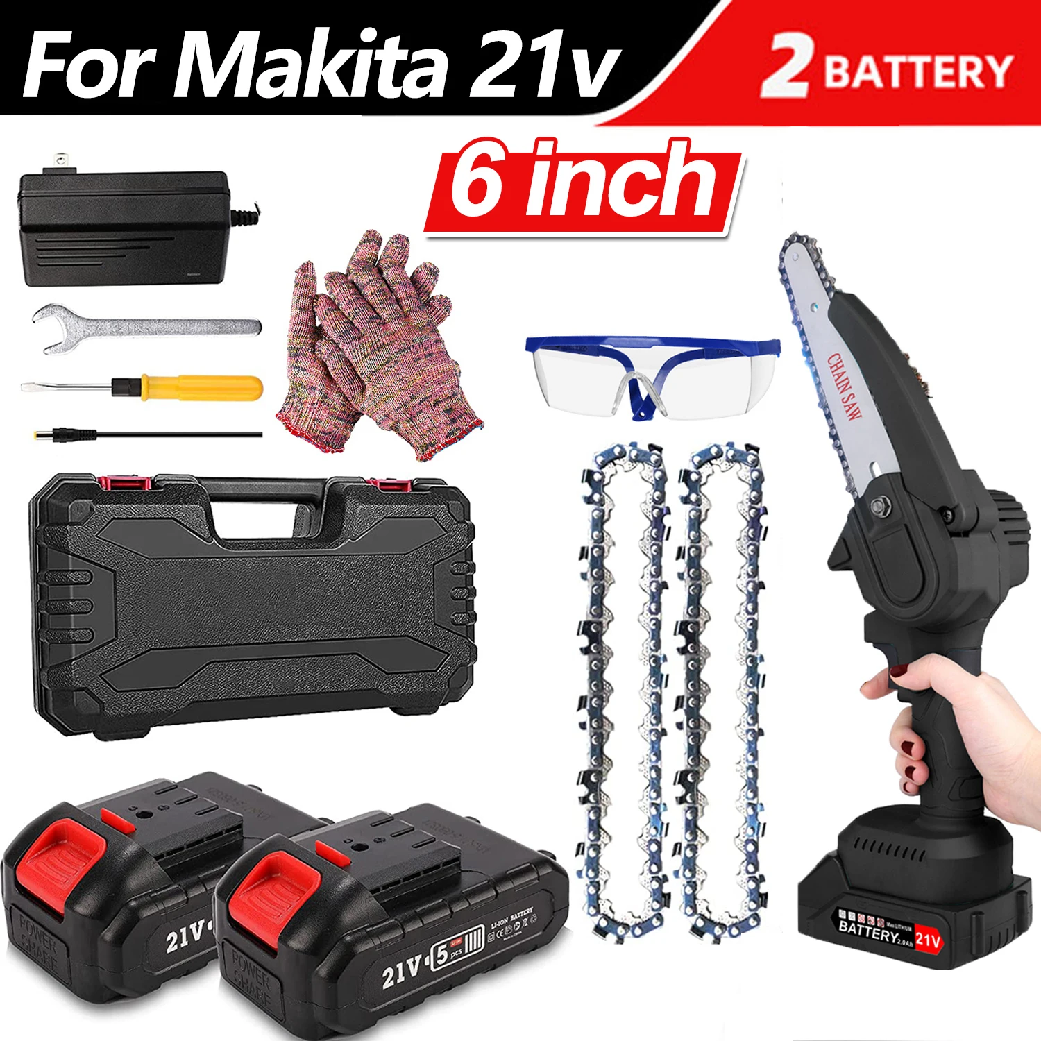 Powsawer 6 Inch Cordless Electric Chainsaw Mini Chain Saw with 2 Batteries Toolbox Handheld For Makita Wood Cutting Garden Tree