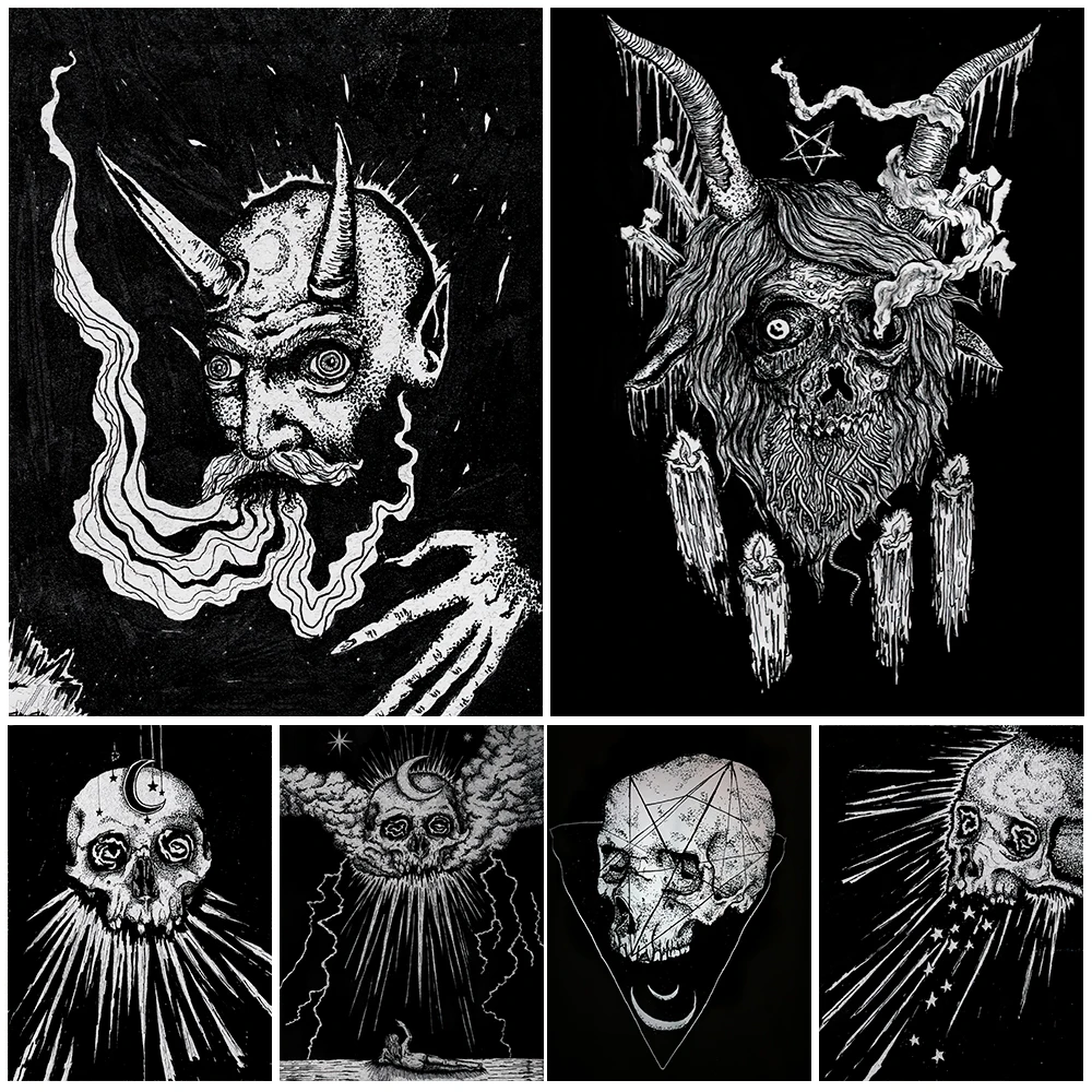 Black Snake And Goat Pagan Witchcraft Element Wall Art Canvas Painting Mysterious Demon Skeleton Poster Print Decor Unframed