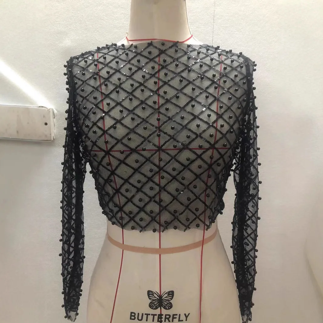 Sexy perlé longue Sve Me haut femmes Faion 2023 nouveau chaud S paillettes tricoté mince printemps saison T-irt pour dames