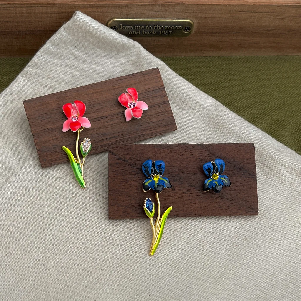 

Elegant Enamel Flower Earrings Exquisite Rose Flower Stud Earrings Unique Asymmetric Floral Design Earrings Women Floral Jewelry