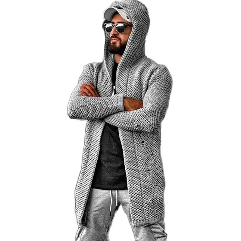 

Men Solid Color Cardigan European and American Style, High-neck, Hooded, Long-sleeved Knitted Sweater Coat for Autumn and Winter