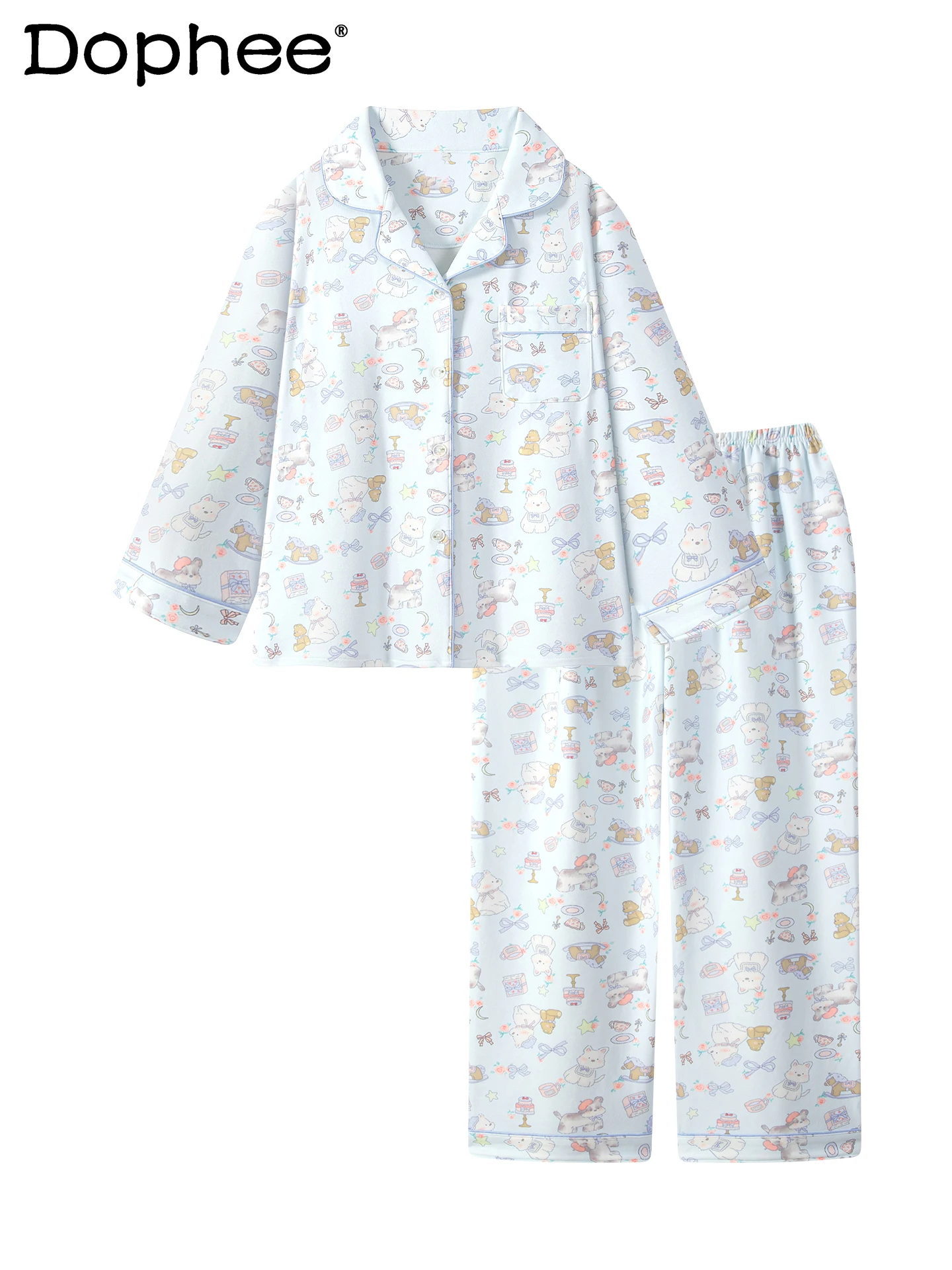 

Новинка 2023 года, светло-голубая тонкая бархатная пижама с милым щенком для женщин, осенне-зимняя носимая домашняя одежда с длинными рукавами