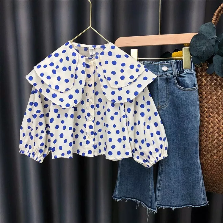 Polka Dot Shirt Jeans Set Spring and Autumn New Korean Fashion Cute Polka Dot Big Collar Shirt and Jeans Two Piece Set