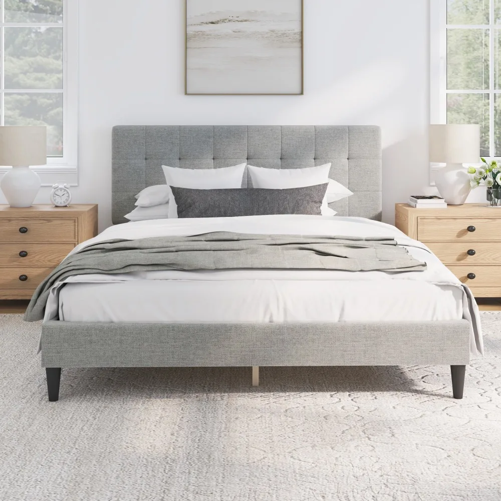 

Square Tufted Upholstered Platform Bed, Full/Queen/King, Light Gray Fabric