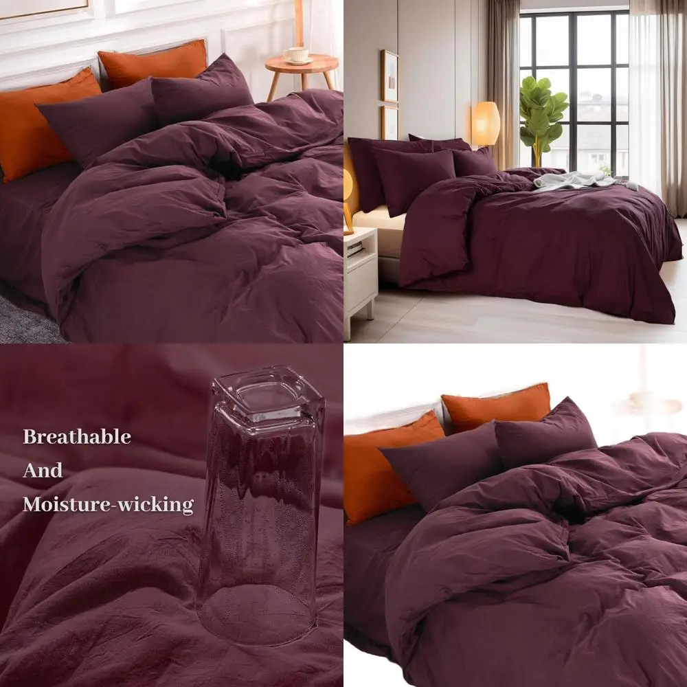 

Комплект пододеяльников из 100% хлопка бордового льна размера «queen-size» с застежкой-молнией, дышащее органическое постельное белье из трех предметов (без одеяла Inc