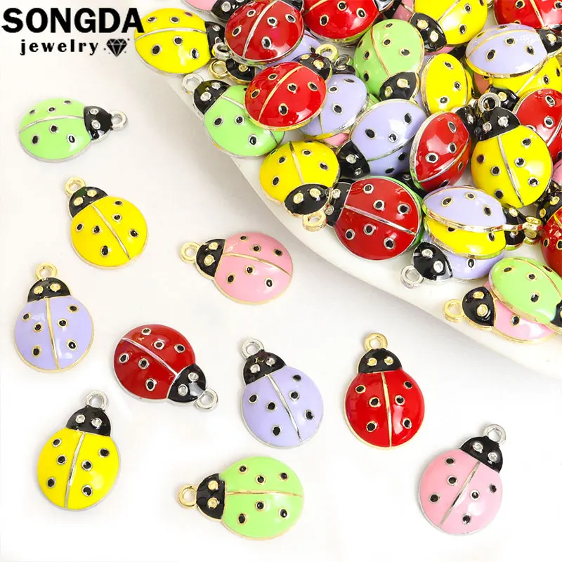 10pcs Metal Enamel Ladybug Charm Cute colorful Beetle Animal Drip Oil Pendant DIY Necklace Earrings Keychain Jewelry Accessories