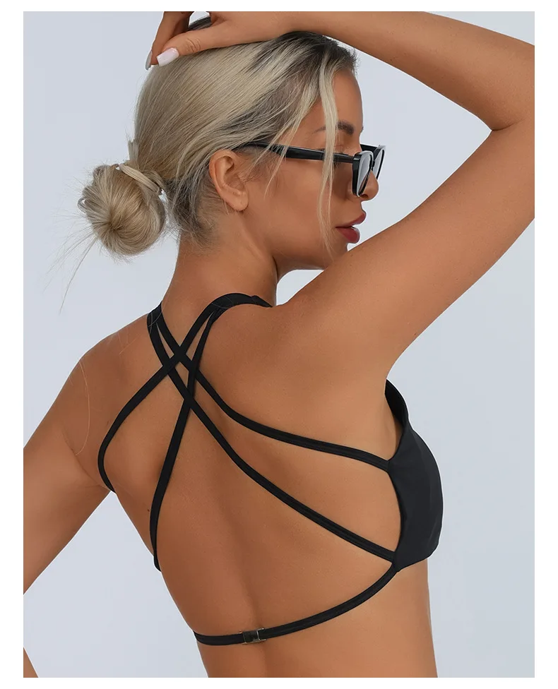 Greenora New Women Sexy Backless Sports Bra Cross Strap Push Up Yoga Top High Impact Gym Fitness Crop Top Solid Color Activewear