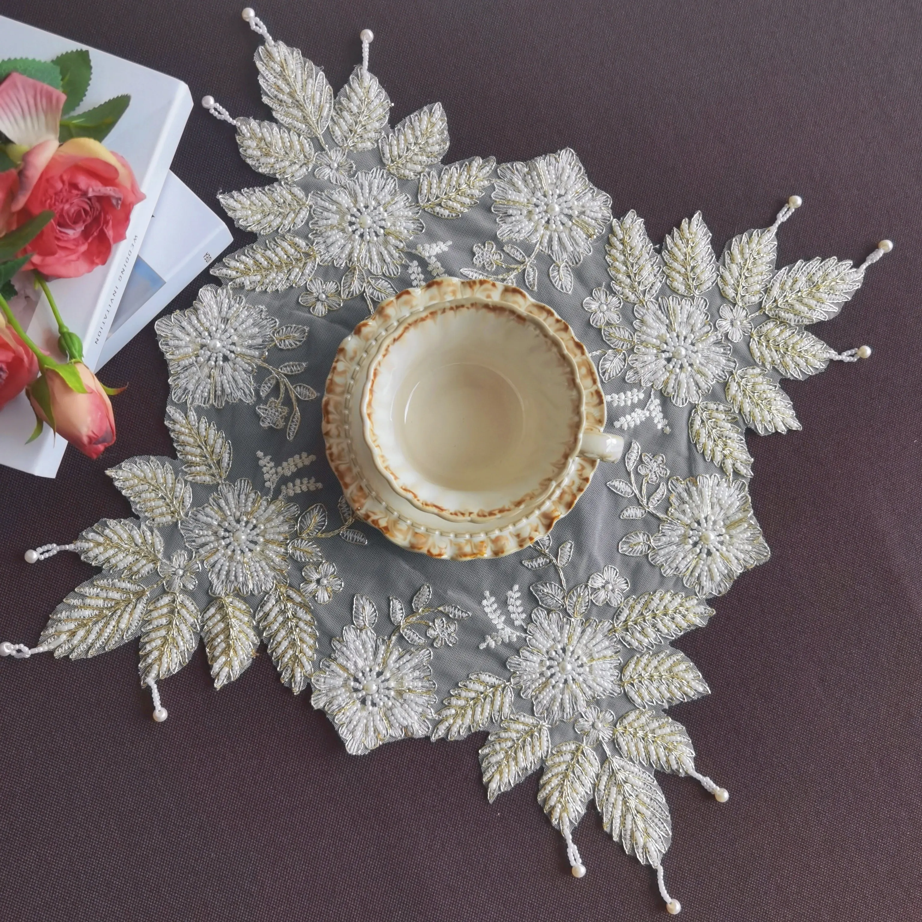 Embroidered Placemats Luxury Handmade Beaded Breakfast Plate Mat European Lace Coasters Heat-Resistant Mats Multi-Purpose Covers