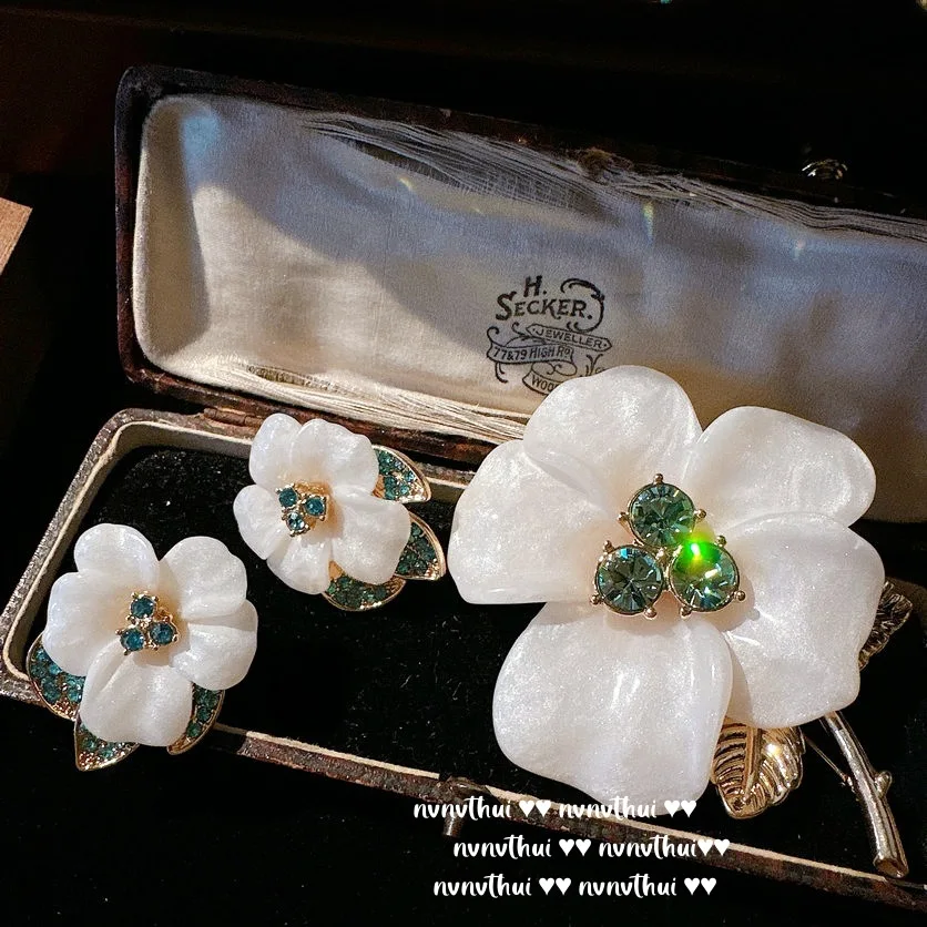 Damascus Rose Gemstone Earrings Vintage 18K Gold Plated Olive Zirconia Cream Rose Brooch Jewelry for Woman Boutique Jewelry Set