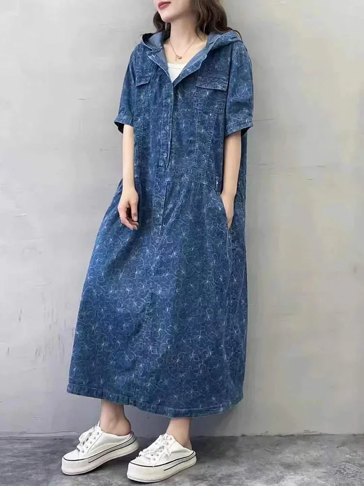 Max LuLu 2024 Summer Long Clothes Womens Fashion Loose Printed Denim Hooded Dresses Korean Ladies Luxury Elegant Floral Vestidos