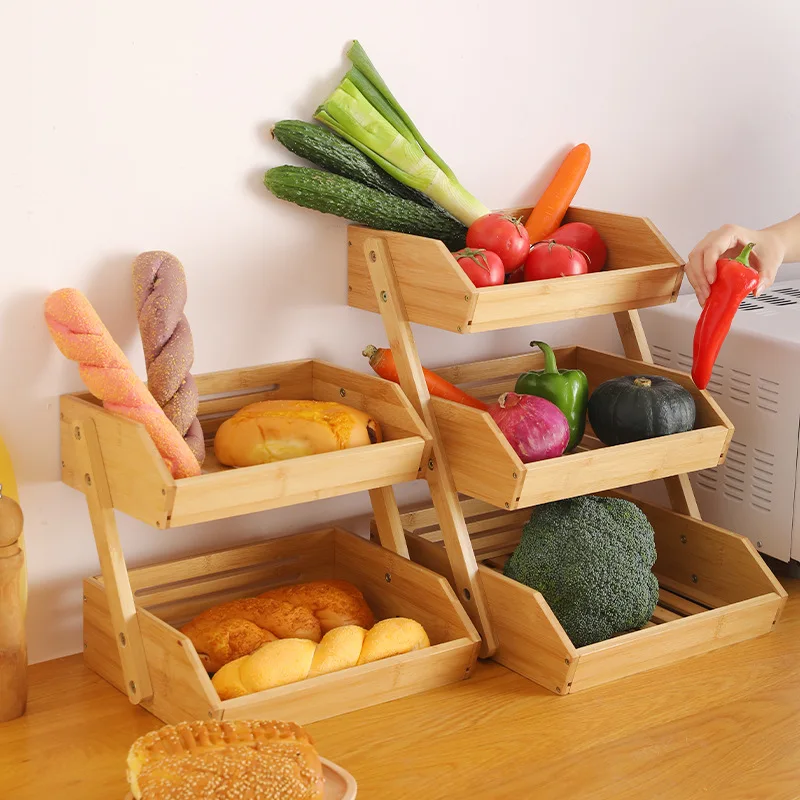 Bamboo Multi-layer Storage Basket Household Kitchen Fruit and Vegetable Draining Basket Multi-purpose Vegetable Storage Shelf