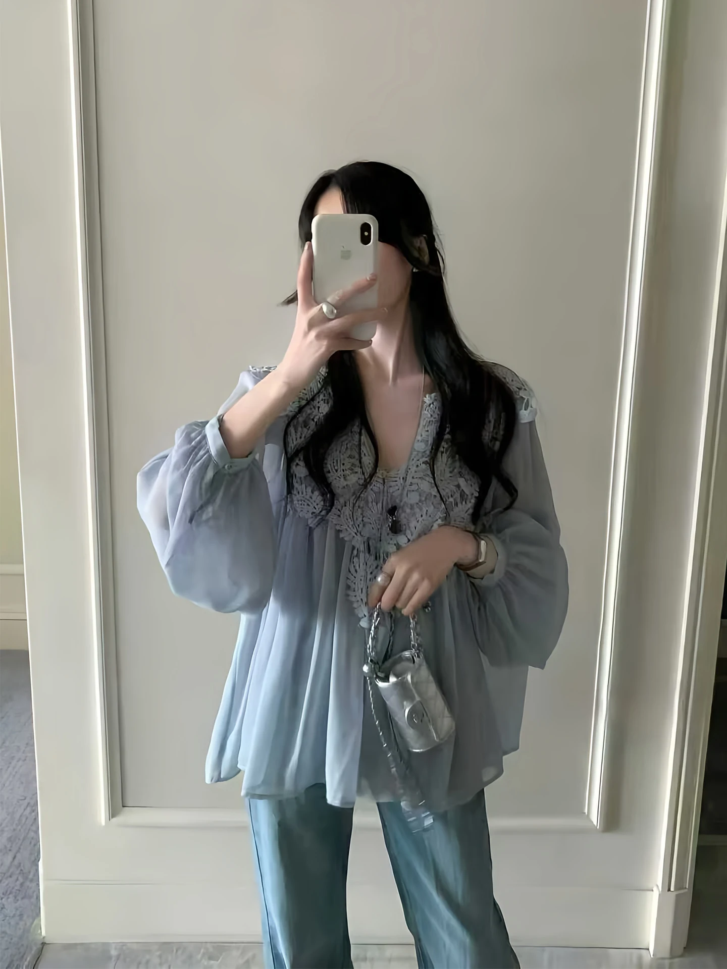 

Gentle Women's Chiffon Top Lace Long Sleeve Loose Slimming Lantern Sleeve Spring Summer Versatile Fashion French Style Polyes...