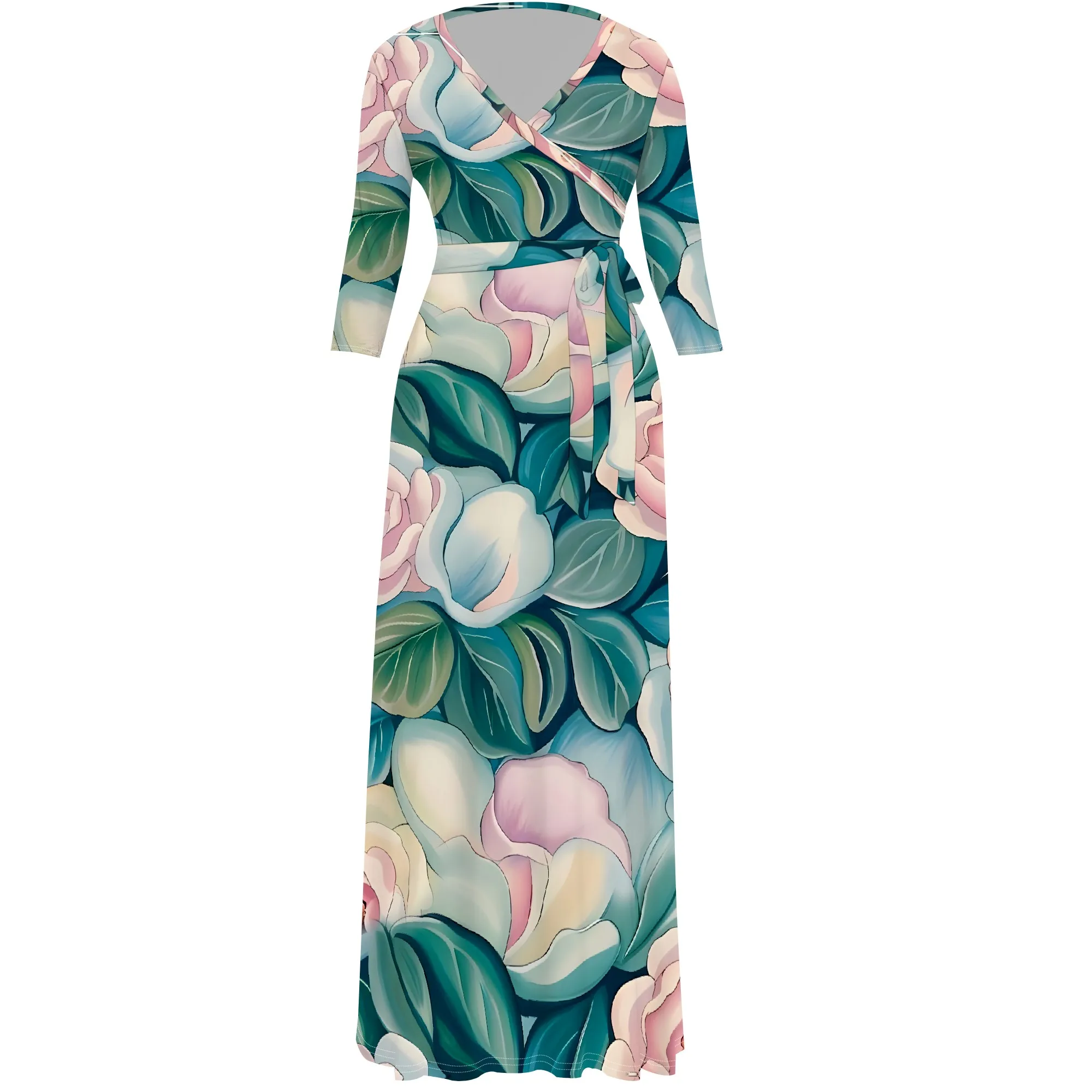 V-Neck Floral Wrap Maxi Dress with Belt Elegant Pastel Summer Dress with 3/4 Sleeves