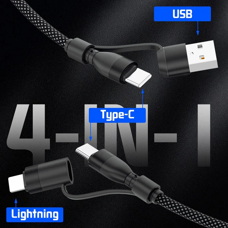 4 en 1 100W USB Type C à Type C câble Lightning câble de données de charge rapide cordon de tissage de tablette