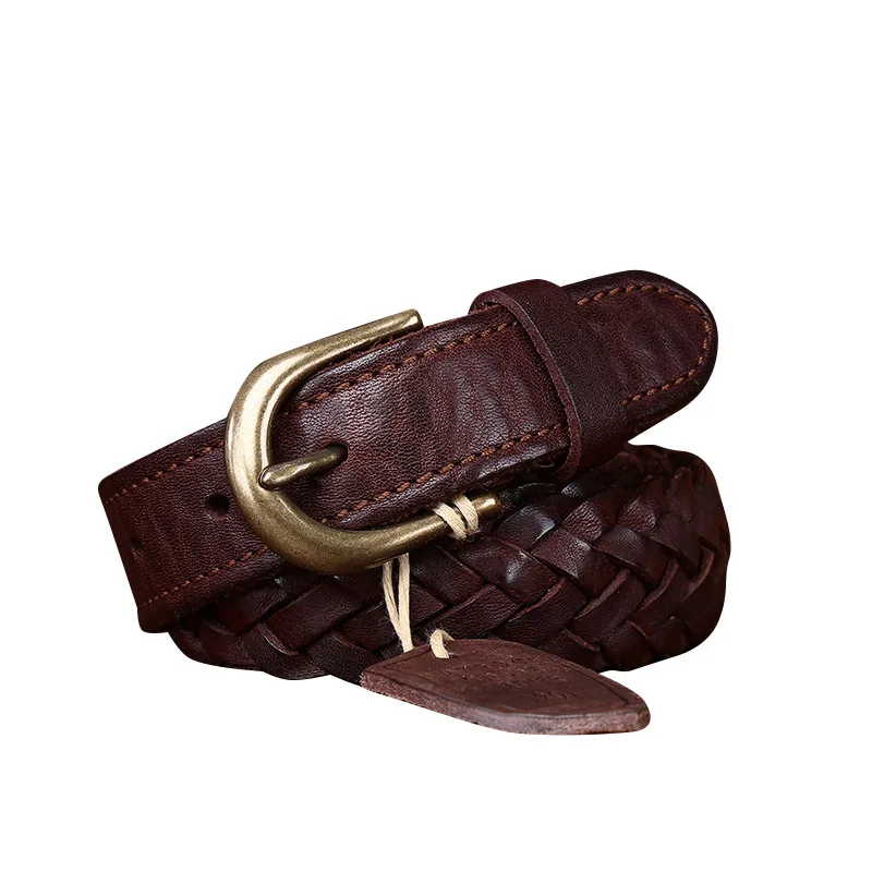 新しい本革手編みベルト-女性用-一層牛革-多用途ウエストバンド