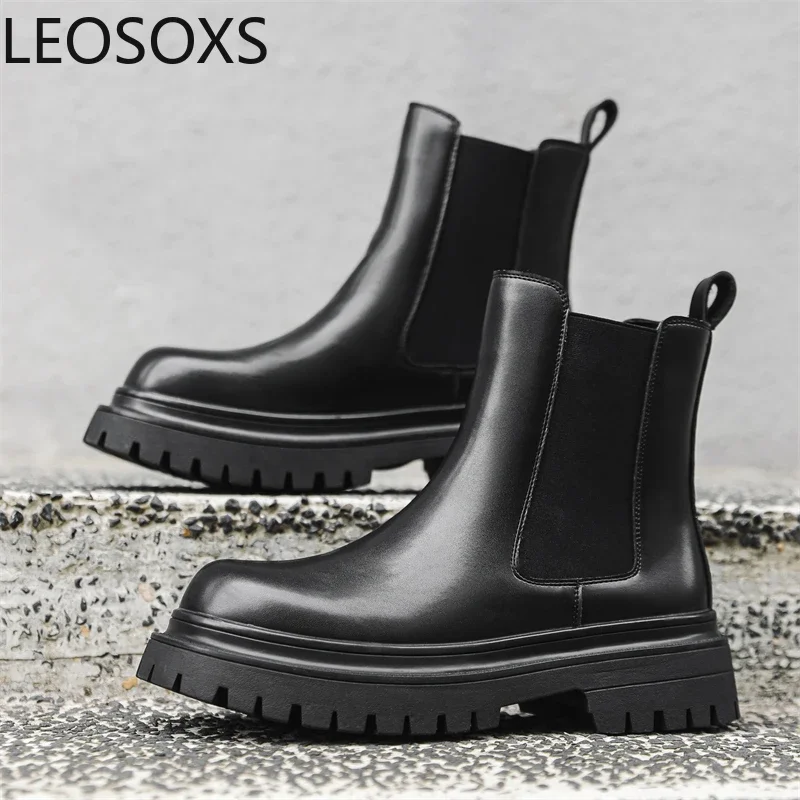 Men's Leather Boots Motorcyclist Boots British Style Anti-slip Water Proof Slip-on Round Toe LEOSOXS Explosive Style Winter Boot