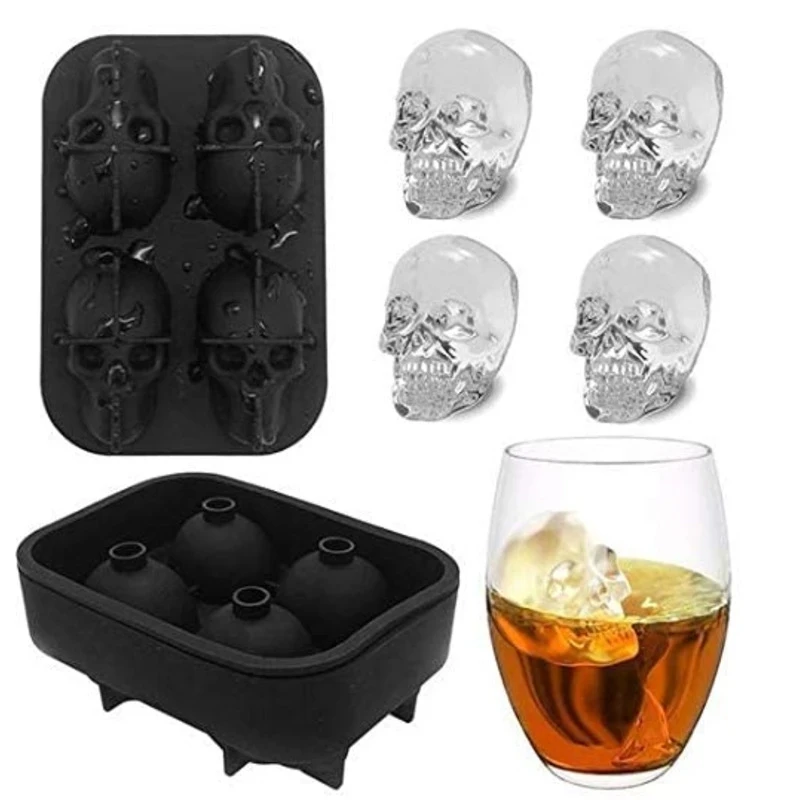 3D Skull Shape Tray Mold Creative Silica Gel Gun Bullet Skull  Home Bar Party Cool Whiskey Wine Ice Cream Bar Tool