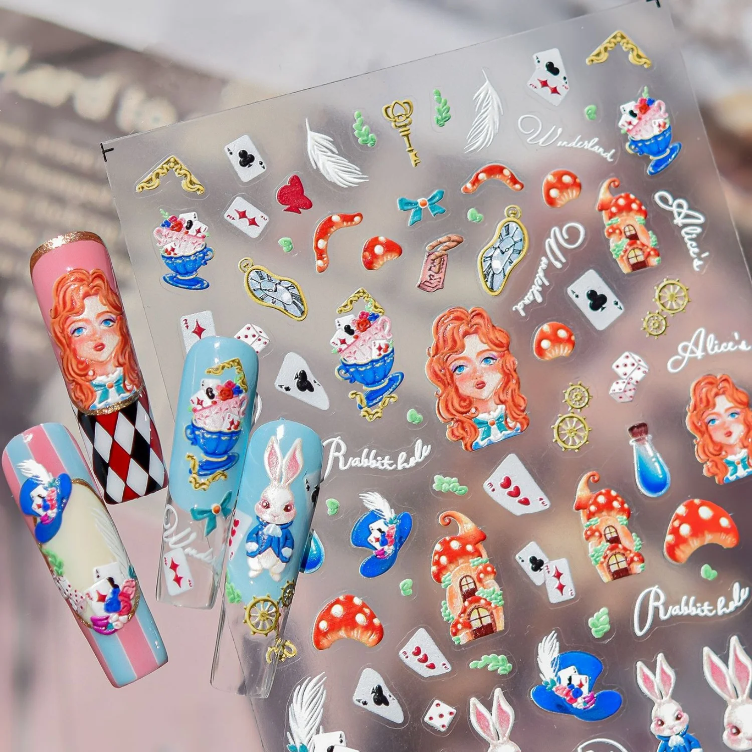 Fairy Tale Style 5D Nail Art Stickers Alice Rabbit Playing Cards Mushroom Pocket Watch Key Self-Adhesive Nail Decals for Women