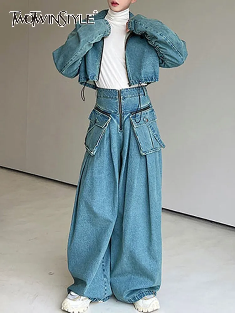 

TWOTWINSTYLE Solid Denim Two Piece Sets Lapel Long Sleeve Top High Waist Wide Leg Pant Spliced Pocket Set Female Fashion Clothes