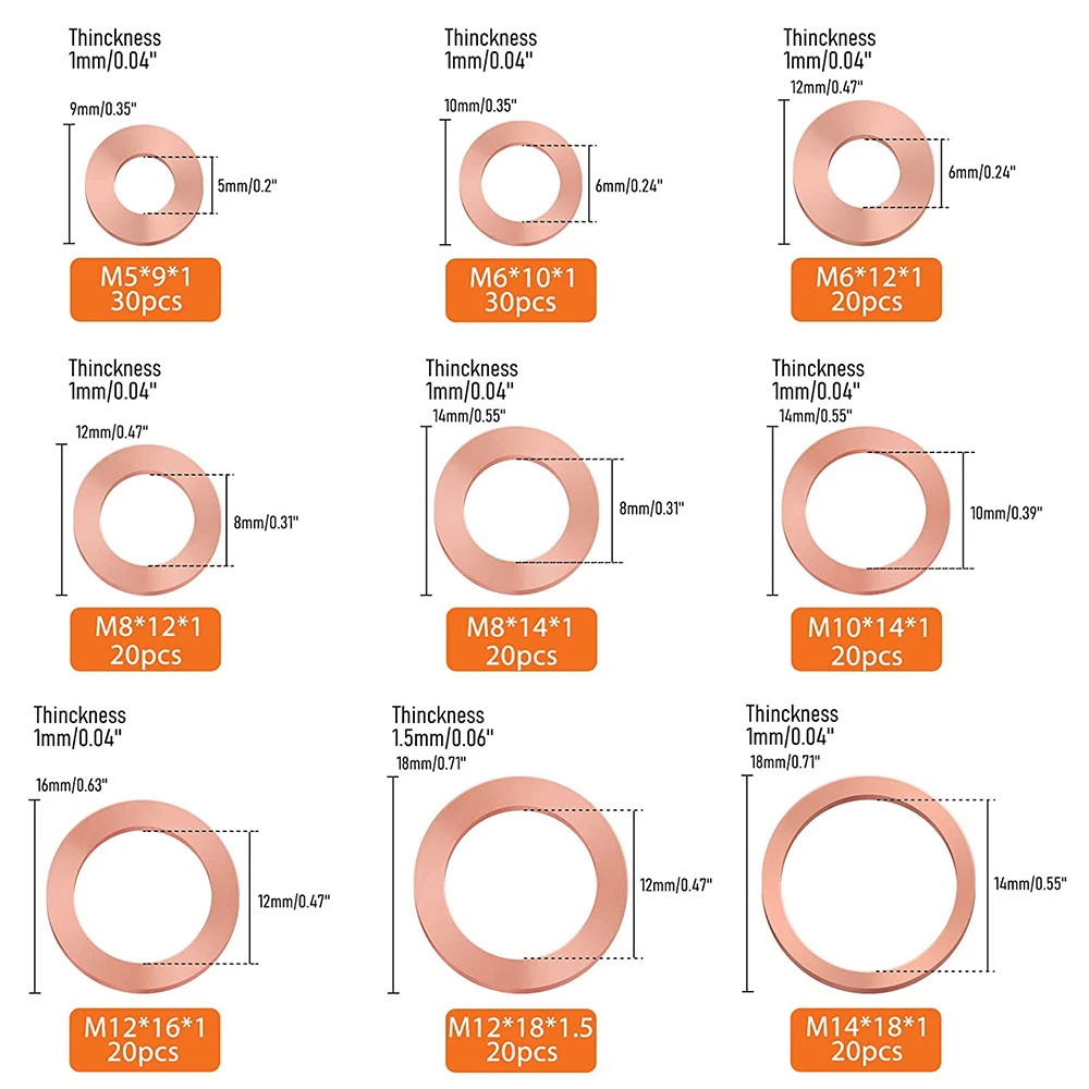 Kit combiné de rondelle métrique en cuivre extrudé, rondelle d'étanchéité plate, M5, M6, M8, M10, M12, M14, 9 tailles, 200 pièces