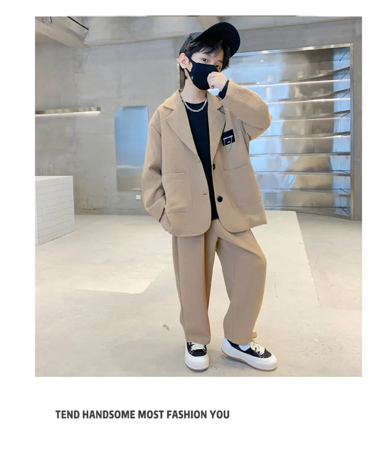 Anzug für Jungen, Blazer + Hose, zweiteilig, schwarz, khaki, Frühling, Herbst, koreanische Kinderkleidung, lässig, formell, weich, für 5 bis 14 Jahre – Detail 7