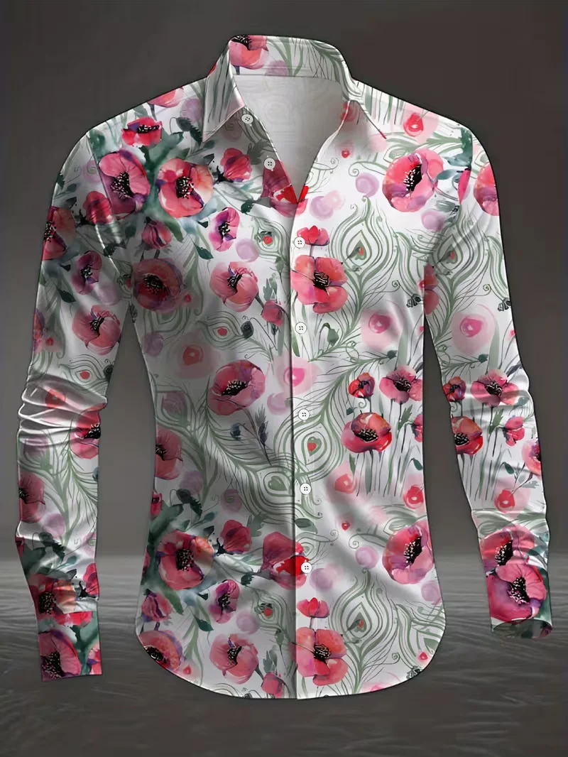 Men's Long Sleeved Shirt, Lapel Shirt, 3D Floral Print, Irregular Geometric Casual Long Sleeved Fashionable Shirt Top