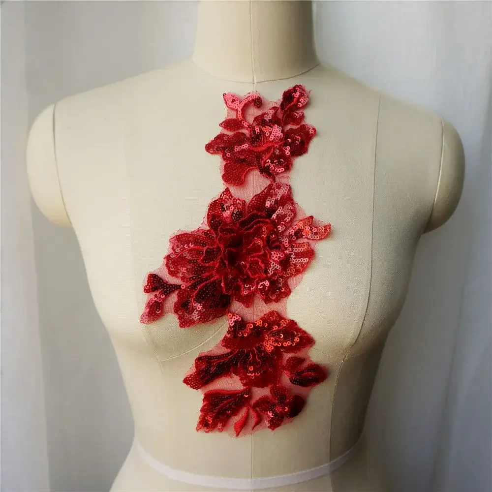 Gold White Red Blue Sequin Flower Lace Fabric Collar Embroidered Gown Appliques Mesh Sew Patch For Wedding Decoration Dress DIY