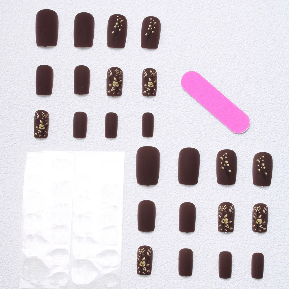 24 قطعة زهرة الذهب Pess على Nils الاكريليك الصحافة على الأظافر نمط الأزهار ماتي الأظافر وهمية مجموعة براون متوسطة قصيرة الأظافر نصائح اضغط على