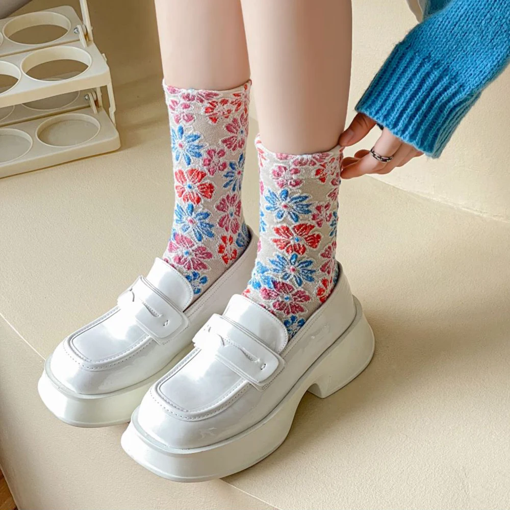 3 Pairs Flower Cute Cotton Socks Women Comfortable Long Autumn  Winter Leg Sets Fashion Korean Style Beautiful Kawaii Socks