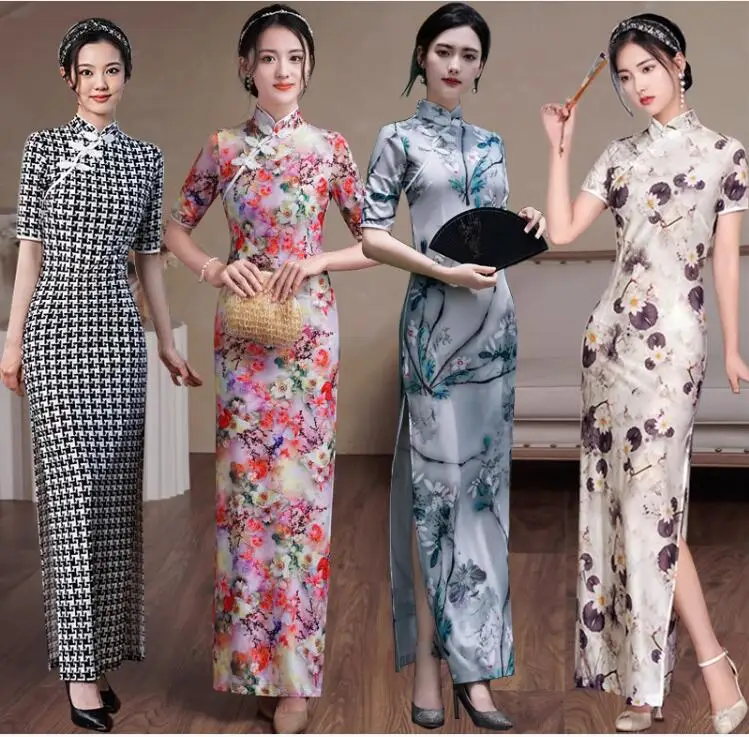 

Summer Improved Ice Silk Printed Dress Night Shanghai Stage Qipao