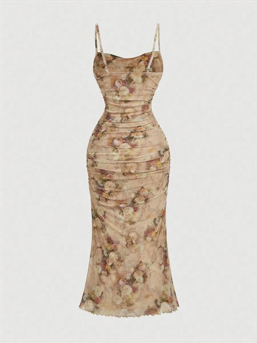 Stazione indipendente Estate Hotsweet Cami Milkmaid Stampa grafica carina Senza maniche Collo quadrato Pieghe Abiti skinny fit per le donne