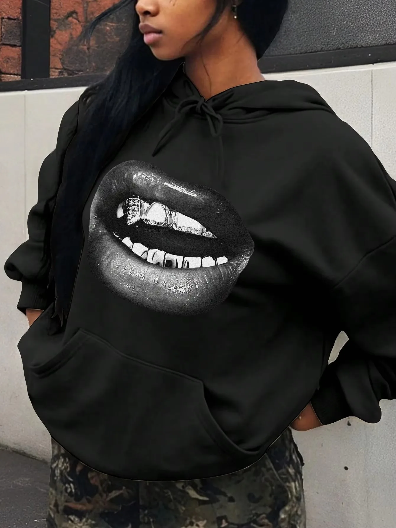 Creative and Cool Lip Print Pattern Printed Women's Hoodie New Autumn and Winter Minimalist Style Top Clothing Hoodies Women