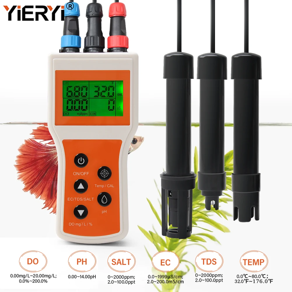 Yieryi Smart 6 in 1 Dissolved Oxygen Meter Aquarium PH DO SALT EC TDS Swimming Hydroponics Water Quality Analysis Tester Monitor