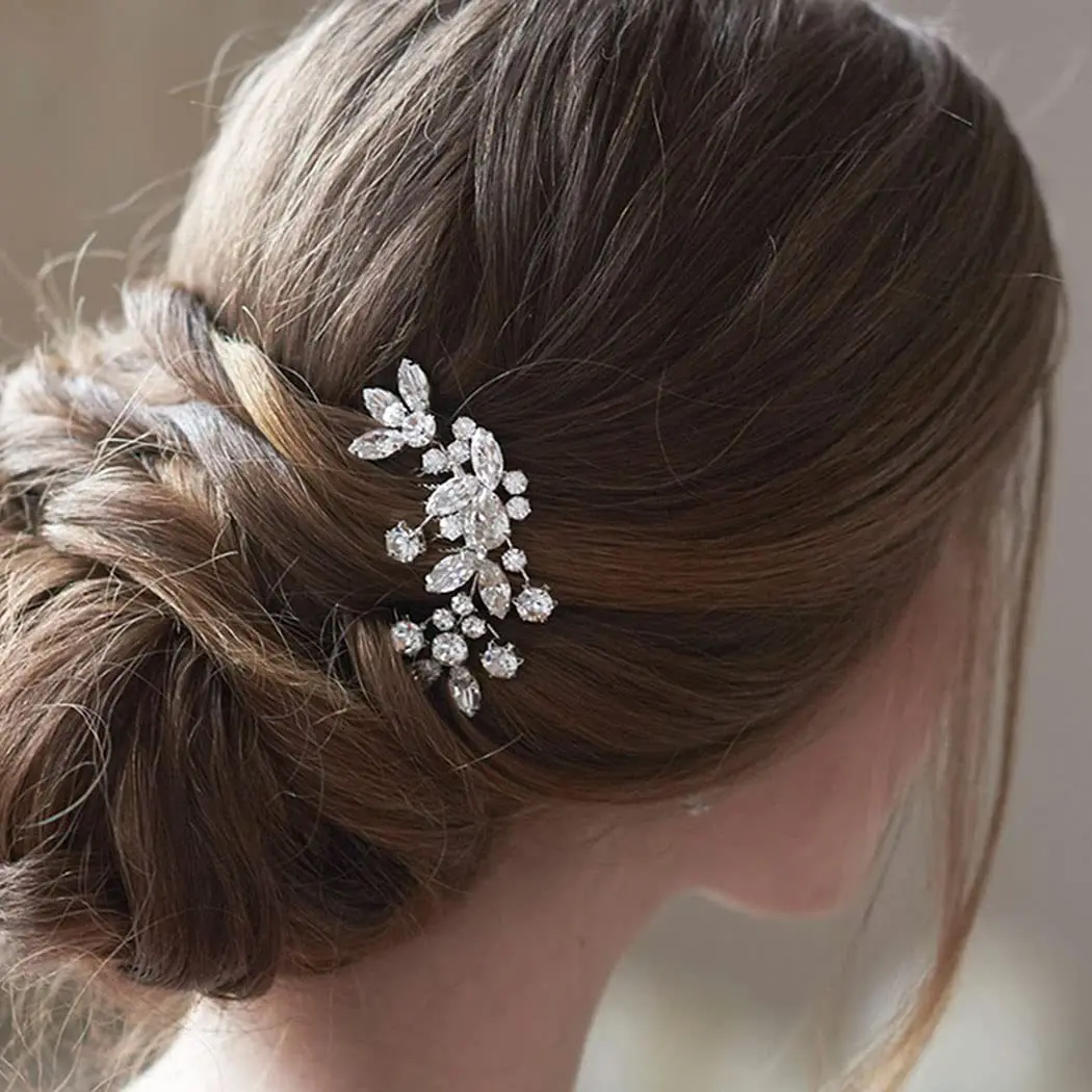 Fashion Hair Comb Hairpin Wedding Tiaras For Women Silver Color Leaves Shaped Hair Forks Side Pin Charm Bride Hair Jewelry