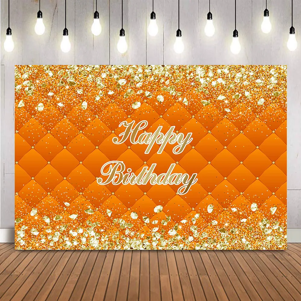 

Orange Headboard Background Gold Glitter and Sliver Diamonds Photo Backdrop Happy Birthday Theme Party Decoration Banner Props