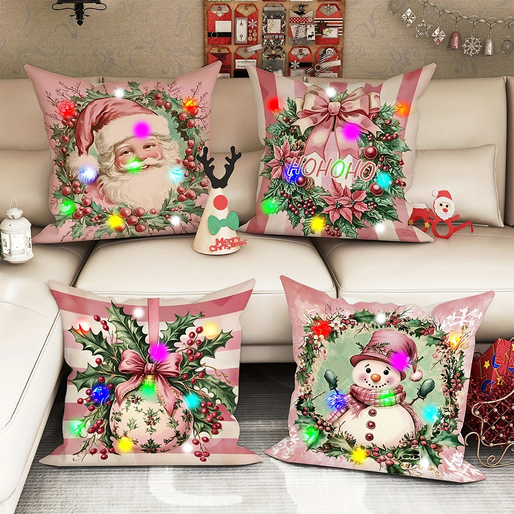 Funda de almohada luminosa con luz LED, diseño de patrón de muñeco de nieve de Papá Noel, adecuada para decoración del hogar, fiesta de Navidad