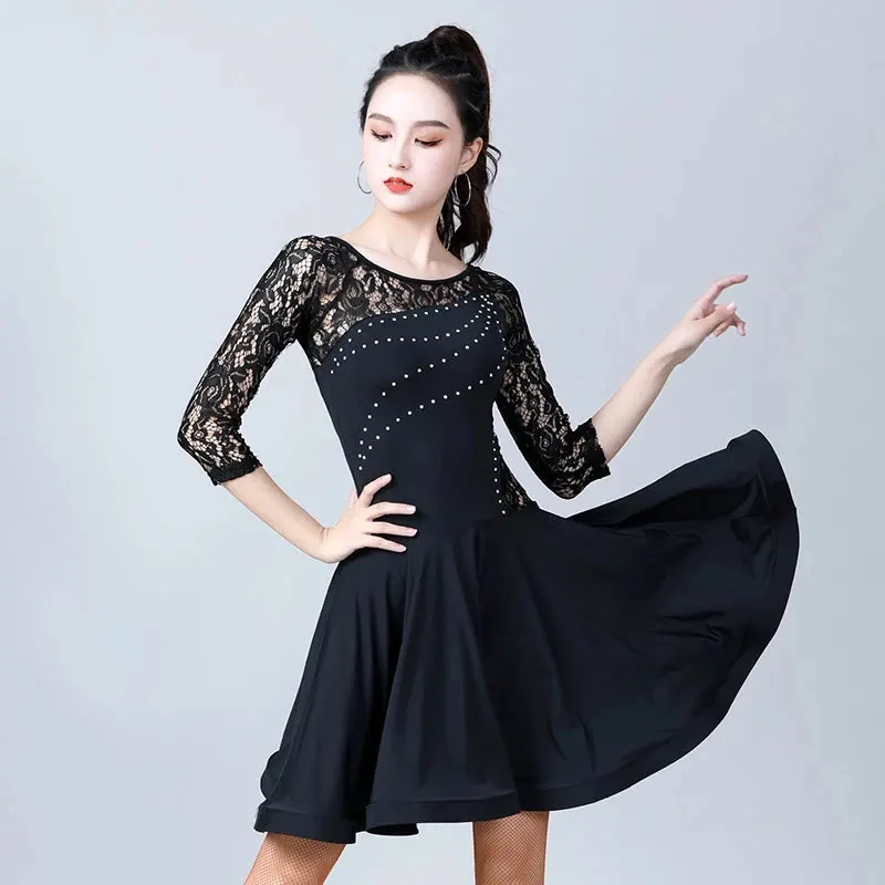 

Latin Costume Woman Latin Dance Dress Adult New Dress Summer Lace Patchwork Dance Dress Performance Practice Dress Women