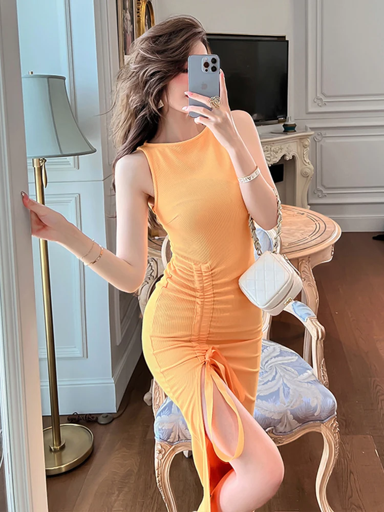 Casual Sweet Party Dresses for Women Chic Sexy Vest Skinny Bandage Folds Slit Robe Feminine Prom Holiday Club Vestidos Vacation