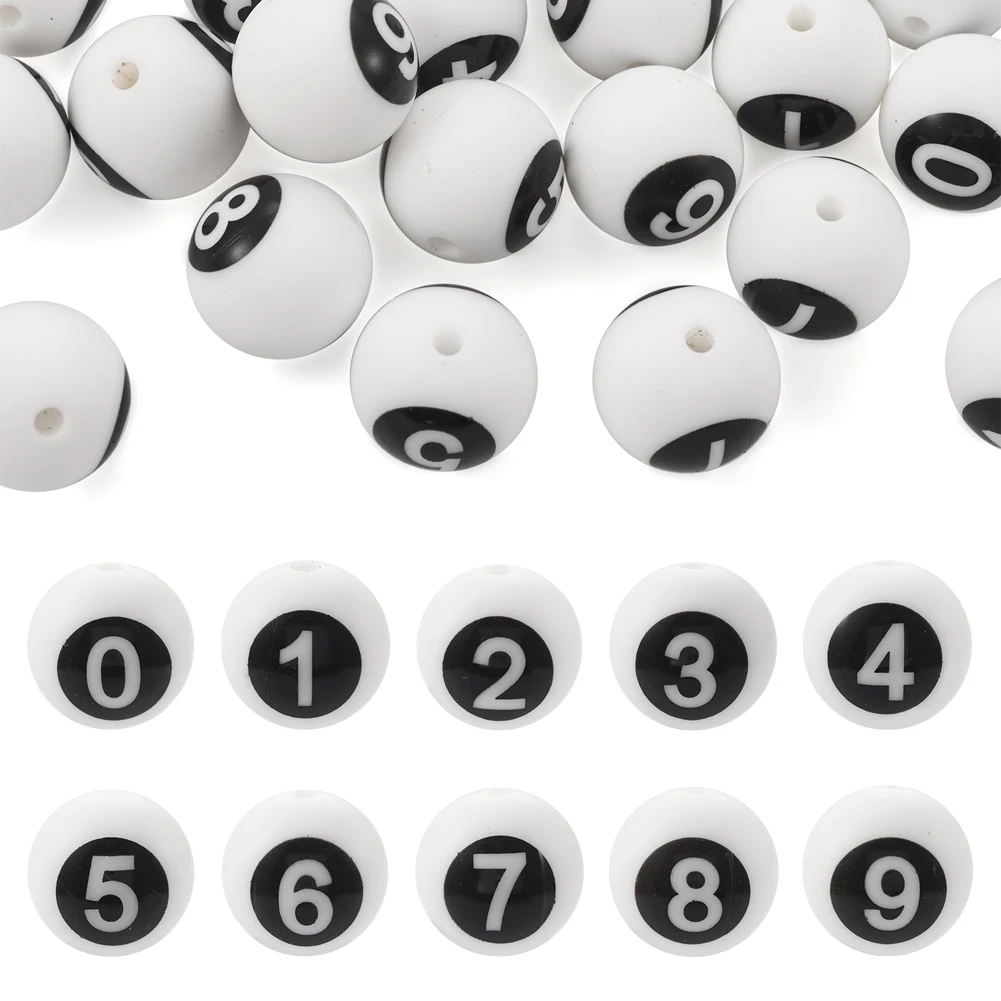 20Pcs Silicone Digital Beads Black Numbers 0~9 Round Shape Loose Beads for Bracelets Necklaces Earrings Jewelry Making