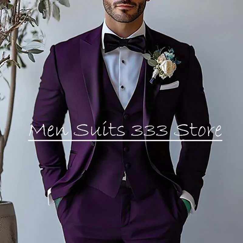 Ternos formais masculinos de casamento, blazer luxuoso com lapela de pico, slim fit, roupas masculinas de alta qualidade, jaqueta de 3 peças, calças, colete