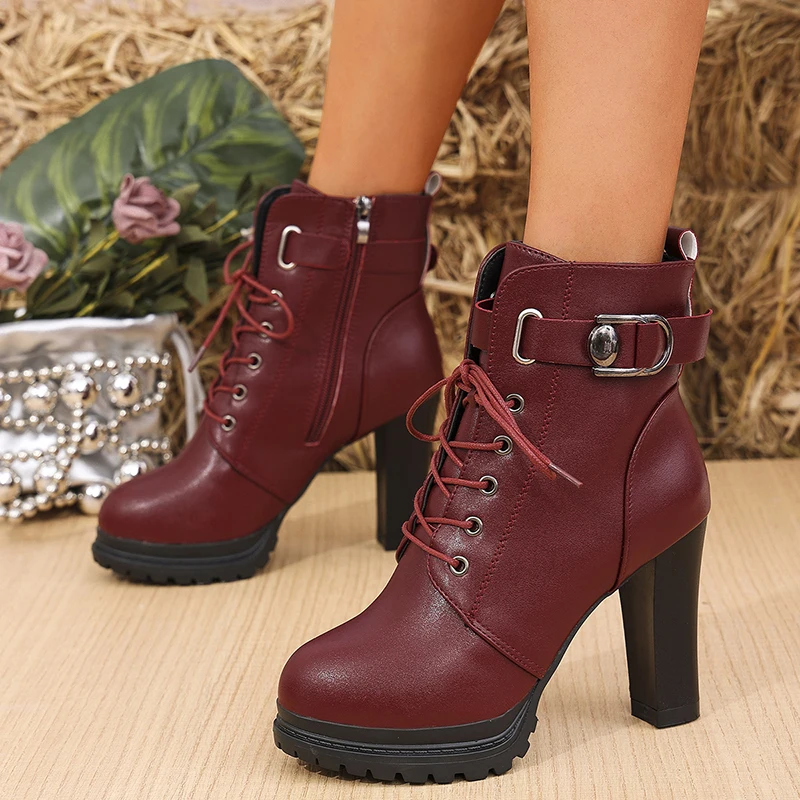 High Quality Women's Ankle Boots Women Faux Soft Leather Winter Boots New Warm Fur Woman Thick Heel Short Boots Shoes Black Red