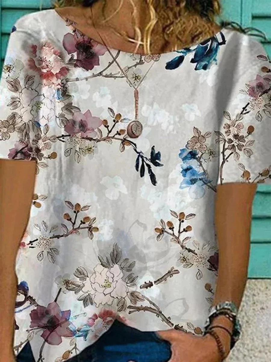 

2024 Summer Clothing New Loose Short sleeved Flower Pattern T-shirt Women's Large Slim Fit Printed Round Neck Top ME15