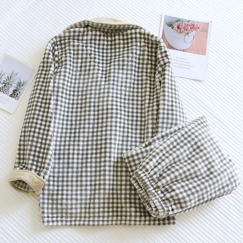 Autumn and winter new men's thickened flannel pajamas long-sleeved trousers two-piece plaid buttoned home service suit pajama