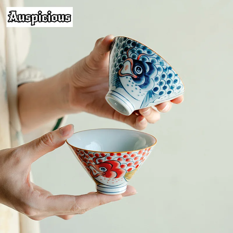 

Pure Hand-painted Red Dragon Fish Teacup Nafu Blue and White Bamboo Hat Tea Bowl Creative Personal Tea Bowl Chazhan Craft 90ml