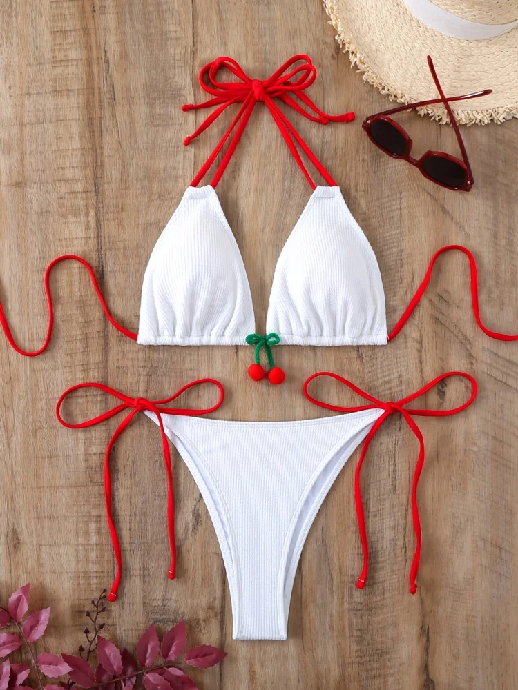 Bikini-Frauen-Badeanzug, 2025, neuer weißer Neckholder-Bikini-Set, sexy rückenfreie Badebekleidung, Sommer, zweiteiliger Strand-Badeanzug, weiblich