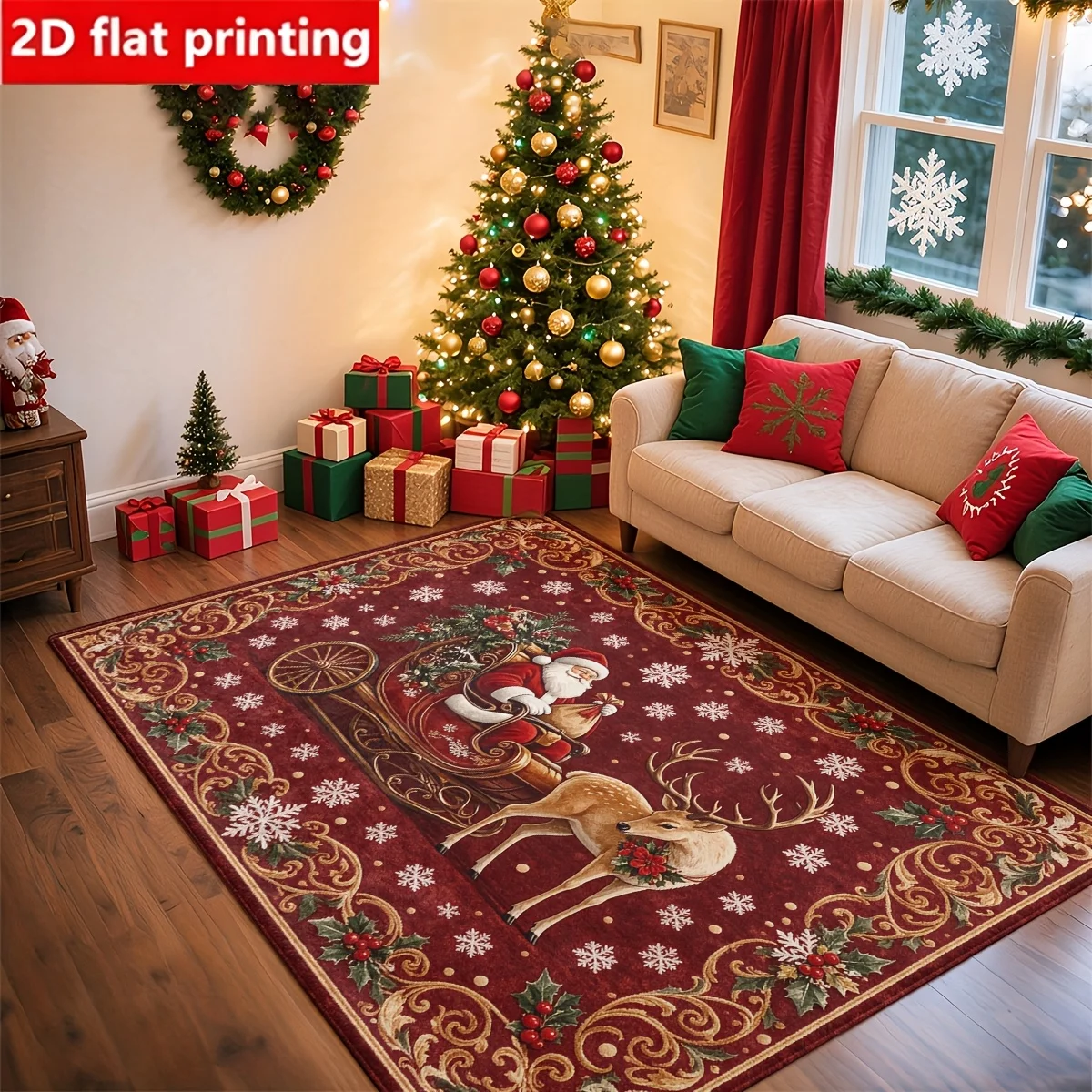 1pc 2D Flat Santa Sleigh Reindeer Snowflake Printed Floor Mat, Decorative Rug for Living Room, Bedroom, Home